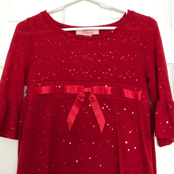 Bloome de jeune fille Red Round Neck Sequin Ruffle Half Sleeve Dress Midi - Picture 4 of 9